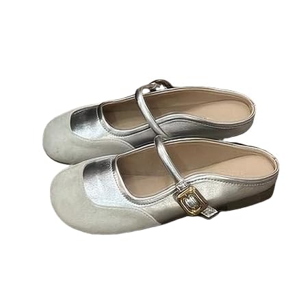 QIXUJAK Damen Mary Jane High Heels Shallow Mouth Glänzende Flache Bequeme Baotou Halbe Hausschuhe Vielseitig Elegant Französisch Temperament Dating Gericht Einzelne (Silber,40) von QIXUJAK