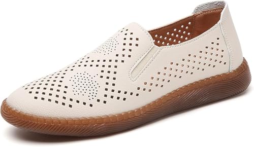 QIXUJAK Damen Mokassins Schuhe Bootsschuhe Vintage Weiches Leder Halbschuhe Sommer rutschfest Loafers Damen Casual Slipper Flache Lauflernschuhe Bootsschuhe (Beige,37) von QIXUJAK