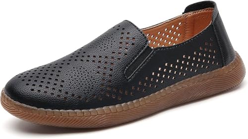 QIXUJAK Damen Mokassins Schuhe Bootsschuhe Vintage Weiches Leder Halbschuhe Sommer rutschfest Loafers Damen Casual Slipper Flache Lauflernschuhe Bootsschuhe (Schwarz,35) von QIXUJAK