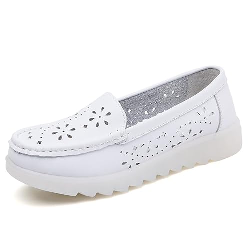 QIXUJAK Damen Mokassins Schuhe Bootsschuhe Vintage Weiches Leder Halbschuhe Sommer rutschfest Loafers Damen Casual Slipper Flache Lauflernschuhe Bootsschuhe (Weiß,41) von QIXUJAK