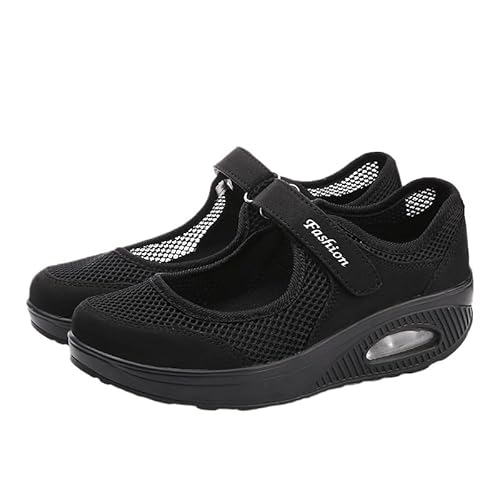 QIXUJAK Damen Outdoor Fitnessschuhe Atmungsaktive Mesh Schuhe Sport Slipper mit Klettverschlu (Schwarz,37) von QIXUJAK