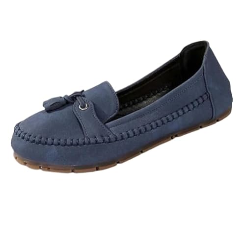 QIXUJAK Damen PU Mokassins Flach Lässige Loafers Bequeme Schuhe Slip-on Freizeitschuhe Runde Zehe Wanderschuhe Halbschuhe (Dunkelblau,41) von QIXUJAK