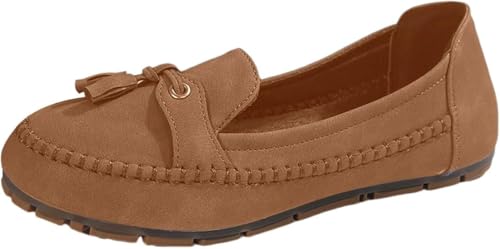 QIXUJAK Damen PU Mokassins Flach Lässige Loafers Bequeme Schuhe Slip-on Freizeitschuhe Runde Zehe Wanderschuhe Halbschuhe (Hellbraun,37) von QIXUJAK