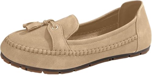 QIXUJAK Damen PU Mokassins Flach Lässige Loafers Bequeme Schuhe Slip-on Freizeitschuhe Runde Zehe Wanderschuhe Halbschuhe (Khaki,42) von QIXUJAK