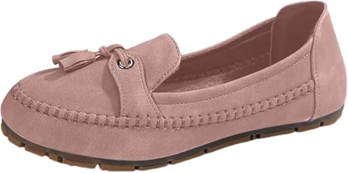 QIXUJAK Damen PU Mokassins Flach Lässige Loafers Bequeme Schuhe Slip-on Freizeitschuhe Runde Zehe Wanderschuhe Halbschuhe (Rosa,38) von QIXUJAK