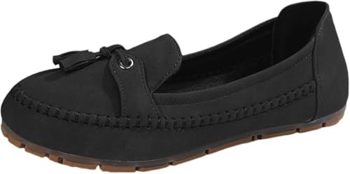 QIXUJAK Damen PU Mokassins Flach Lässige Loafers Bequeme Schuhe Slip-on Freizeitschuhe Runde Zehe Wanderschuhe Halbschuhe (Schwarz,38) von QIXUJAK
