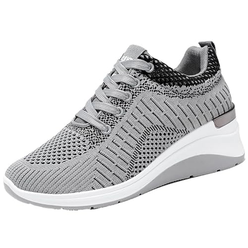 QIXUJAK Damen Plateau Sneaker Freizeitschuhe Mode Keilabsatz Flache Schuhe Schnüren Bequeme Sneakers Weiblich Atmungsaktive Outdoor Laufschuhe (Grau,37) von QIXUJAK