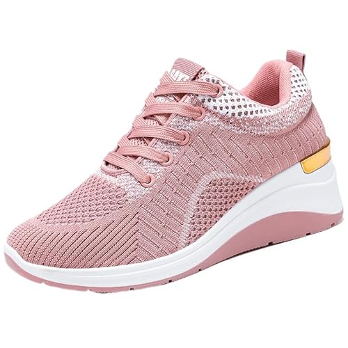 QIXUJAK Damen Plateau Sneaker Freizeitschuhe Mode Keilabsatz Flache Schuhe Schnüren Bequeme Sneakers Weiblich Atmungsaktive Outdoor Laufschuhe (Rosa,38) von QIXUJAK