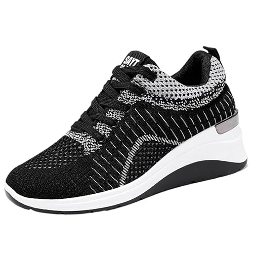 QIXUJAK Damen Plateau Sneaker Freizeitschuhe Mode Keilabsatz Flache Schuhe Schnüren Bequeme Sneakers Weiblich Atmungsaktive Outdoor Laufschuhe (Schwarz,39) von QIXUJAK