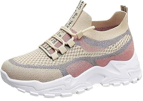 QIXUJAK Damen Plateau Sneaker Leichte Atmungsaktive Walking Schuhe Ganztägige Bequeme Sportschuhe (Khaki rosa,38) von QIXUJAK