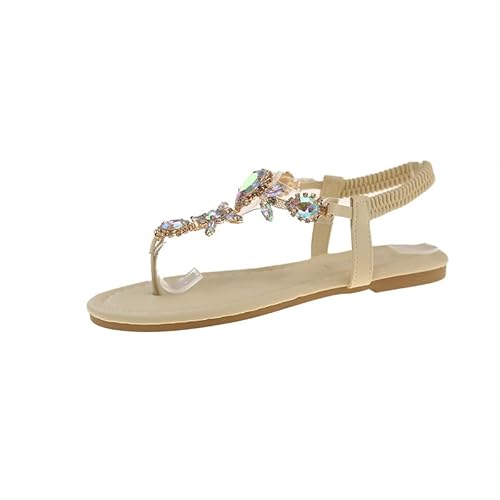 QIXUJAK Damen Sandalen Sommer Bohemian Flache Zehentrenner Strass Sandaletten Strand Schuhe Plattform Flip Flops Gr.35-42 (Aprikose,42) von QIXUJAK