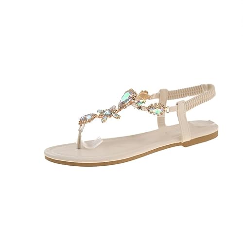 QIXUJAK Damen Sandalen Sommer Bohemian Flache Zehentrenner Strass Sandaletten Strand Schuhe Plattform Flip Flops Gr.35-42 (Cremefarben,40) von QIXUJAK