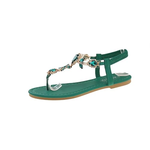 QIXUJAK Damen Sandalen Sommer Bohemian Flache Zehentrenner Strass Sandaletten Strand Schuhe Plattform Flip Flops Gr.35-42 (Grün,40) von QIXUJAK