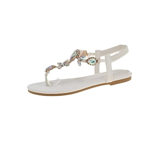 QIXUJAK Damen Sandalen Sommer Bohemian Flache Zehentrenner Strass Sandaletten Strand Schuhe Plattform Flip Flops Gr.35-42 (Weiß,42) von QIXUJAK