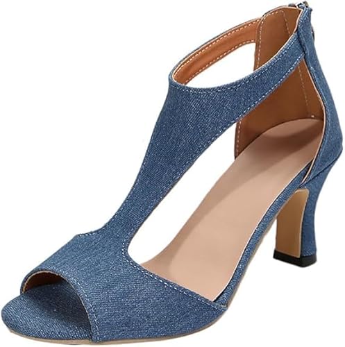 QIXUJAK Damen Sandalen mit Stiletto Absatz Frauen Elegant Sandaletten Fischmaul Offene Sommerschuhe Römersandalen Reißverschluss High Heels Sandals Abendschuhe (Blau,38) von QIXUJAK