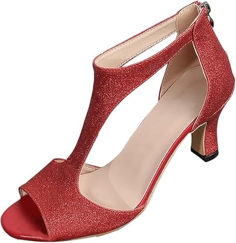 QIXUJAK Damen Sandalen mit Stiletto Absatz Frauen Elegant Sandaletten Fischmaul Offene Sommerschuhe Römersandalen Reißverschluss High Heels Sandals Abendschuhe (Rot,42) von QIXUJAK