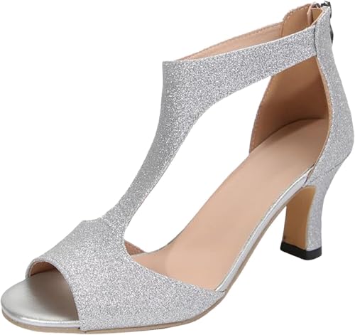 QIXUJAK Damen Sandalen mit Stiletto Absatz Frauen Elegant Sandaletten Fischmaul Offene Sommerschuhe Römersandalen Reißverschluss High Heels Sandals Abendschuhe (Silber,38) von QIXUJAK
