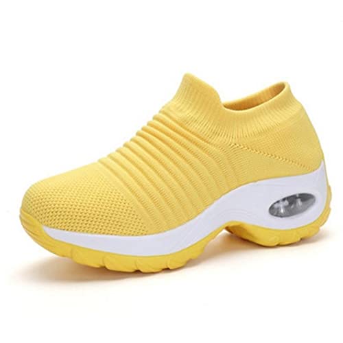 QIXUJAK Damen-Slip-On-Sportschuhe mit Dicker Mesh-Sohle und Luftkissen und orthopädischer Fußgewölbeunterstützung (Gelb,38) von QIXUJAK