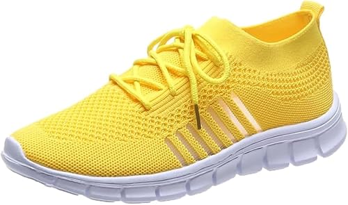 QIXUJAK Damen Sneaker aus Mesh in Volltonfarbe, zum Schnüren, leichte, weiche Sohle, Walking-Strick-Schuhe, atmungsaktive, niedrig geschnittene Laufschuhe, Übergröße (Gelb,39) von QIXUJAK