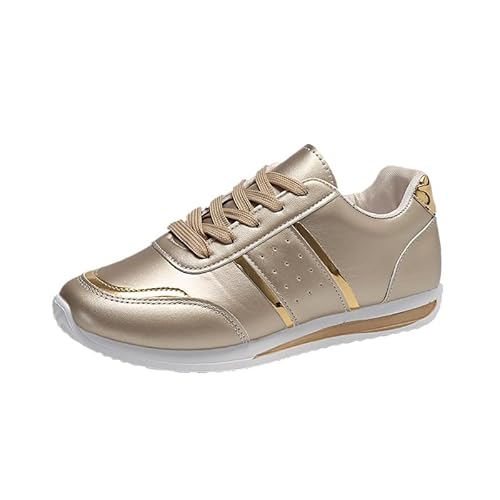 QIXUJAK Damen Sneaker aus Mesh in Volltonfarbe, zum Schnüren, leichte, weiche Sohle, Walking-Strick-Schuhe, atmungsaktive, niedrig geschnittene Laufschuhe, Übergröße (Gold,36) von QIXUJAK