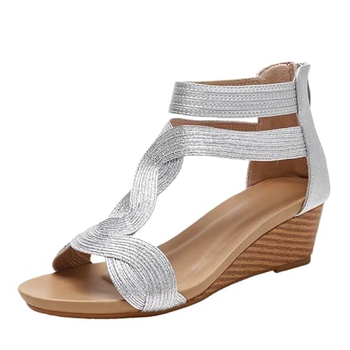 QIXUJAK Damen Sommer Keilsandalen Open Toe T-Style Reißverschluss Mode Römerschuhe (Silber,37) von QIXUJAK