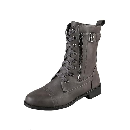 QIXUJAK Damen Stiefeletten Elegante Ankle Boots Schnürstiefel Seite Zipper Schuhe Freizeit Mode Frauen Stiefel Winterstiefel mit Blockabsatz (Grau,37) von QIXUJAK