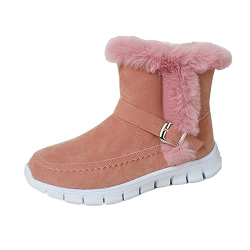 QIXUJAK Damen-Stiefeletten aus PU-Leder, bequem, wasserdicht, warm, Pelz, Schnee, Schlupfstiefel, klassischer Mittelschaft, Pelzfutter, modische Winterstiefel (Rosa,38) von QIXUJAK