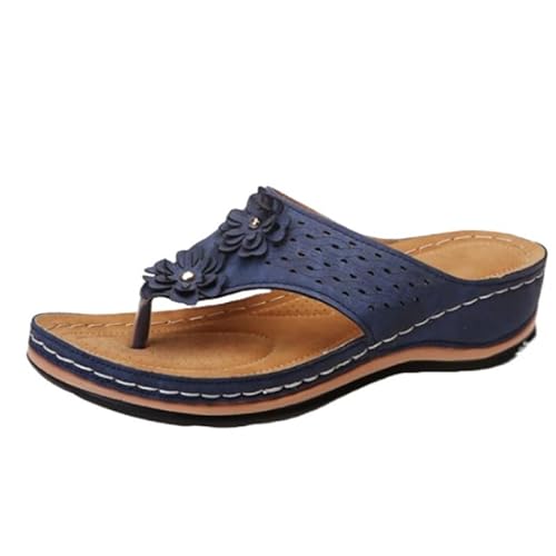 QIXUJAK Damen Zehentrenner Elegante Dicke Sohle Strand Flip-Flop Sandalen Leder Flache Sohle Pantoletten Zehentrenner Weite Orthopädische Sport Barfuß Sommersandalen für Damen (Marineblau,41) von QIXUJAK