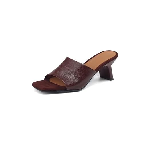 Damen weiches Schaffellleder Einreihig-Riemchen Pantolette, Sommer, echtes Leder, quadratischer Zehenkopf, offene Zehen Sandale, feiner Absatz High-Heel Mule Sandals (Burgunderrot,38) von QIXUJAK