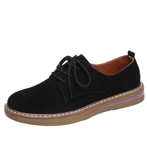 QIXUJAK Damenschuhe Aus Leder Im Retro-Stil Mit Flachem Absatz, Oxford-Schnürschuhe Für Damen, Oxford-Schuhe Im Retro-Stil Mit Runder Spitze Und Rutschfester Sohle (Schwarz,37) von QIXUJAK