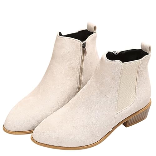 QIXUJAK Elegant Stiefeletten Damen Chelsea Ankle Boots Mit Blockabsatz Biker Booties Mit Reißverschluss Frauen Herbst Winter Knöchel Schuhe Freizeit Kurz Stiefel Für Party (Elfenbeinweiß,38) von QIXUJAK