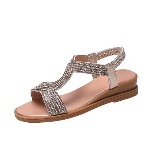 QIXUJAK Flache Sandalen Damen Sommer Barfuß Orthopädische Strandschuhe Bequeme Bohemian Sommerschuhe (Gold,38) von QIXUJAK