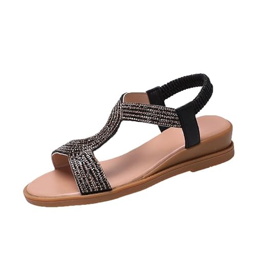 QIXUJAK Flache Sandalen Damen Sommer Barfuß Orthopädische Strandschuhe Bequeme Bohemian Sommerschuhe (Schwarz,37) von QIXUJAK