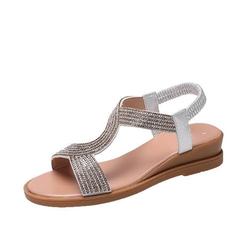 QIXUJAK Flache Sandalen Damen Sommer Barfuß Orthopädische Strandschuhe Bequeme Bohemian Sommerschuhe (Silber,37) von QIXUJAK