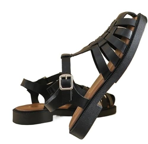 QIXUJAK Flache Sandalen Sommer Retro gewebte Plattform unten Zehen Damen weiche Sohle (black,43) von QIXUJAK