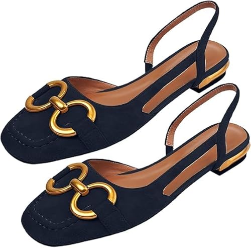 QIXUJAK Flache Slingback-Schuhe für Damen modische Retro-Partyschuhe rückenfrei, quadratische Zehenpartie, niedriger Absatz, lässige tägliche Metallschnalle (Dunkelblau (Wildleder),40) von QIXUJAK