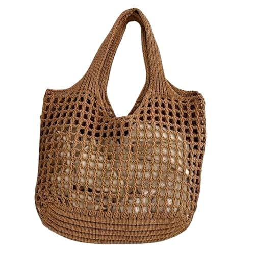 QIXUJAK Gewebte Tasche, Strand-Netz-Einkaufstasche, Damen-Umhängetasche, Einkaufstasche, lässige Reisetasche, faltbare Strandtasche (Ein braunes) von QIXUJAK