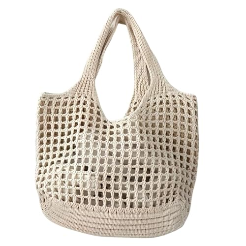 QIXUJAK Gewebte Tasche, Strand-Netz-Einkaufstasche, Damen-Umhängetasche, Einkaufstasche, lässige Reisetasche, faltbare Strandtasche (Milchig weiß) von QIXUJAK