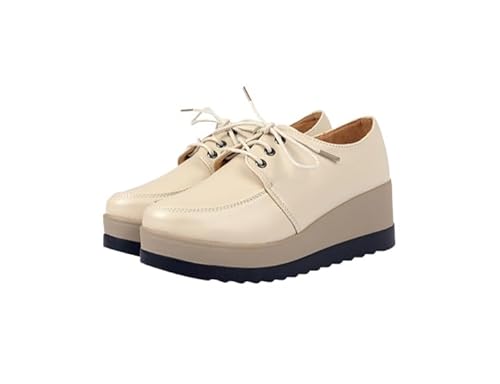 QIXUJAK Große Größe 35-43 Damenschuhe Plattform Muffin Schuhe Student vielseitig britische kleine Lederschuhe Schnürschuhe einzelne Schuhe Flache Freizeitschuhe (Cremefarben,35) von QIXUJAK