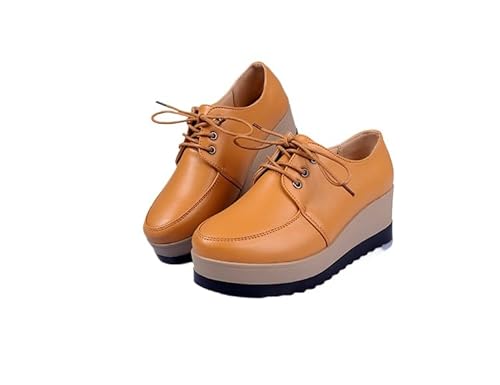 QIXUJAK Große Größe 35-43 Damenschuhe Plattform Muffin Schuhe Student vielseitig britische kleine Lederschuhe Schnürschuhe einzelne Schuhe Flache Freizeitschuhe (Gelb,34) von QIXUJAK