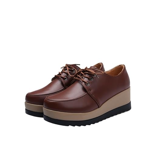 QIXUJAK Große Größe 35-43 Damenschuhe Plattform Muffin Schuhe Student vielseitig britische kleine Lederschuhe Schnürschuhe einzelne Schuhe Flache Freizeitschuhe (Hellbraun,34) von QIXUJAK