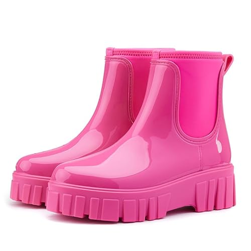 QIXUJAK Gummistiefel Damen Regenschuhe Wasserdicht Halbhoch Segelstiefel rutschfest Regenstiefel Bequem Chelsea Boots Mode Gartenschuhe 36-40EU (Rosenrot,36) von QIXUJAK