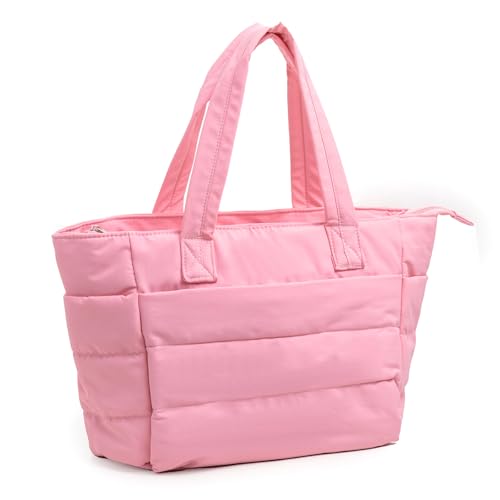 QIXUJAK Handtasche Damen Puffy Tote Bag Shopper Tasche, Einkaufstasche Laptoptasche mit Schultergurt, Leichte Umhängetasche für Arbeit Reise Shopping Schule (Rosa,35 * 16 * 49CM) von QIXUJAK