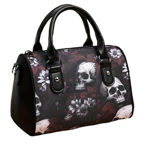 QIXUJAK Handtasche mit Totenkopf-Blumenmuster, Gothic Boston Umhängetasche, Damen Crossbody Bag, Handtasche, Schultertasche (Rot) von QIXUJAK