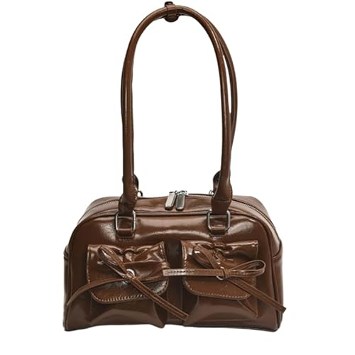 QIXUJAK Handtaschen Damen, Top-Handle Hobo-Taschen, Multi-Taschen Tote Handtasche, Mode Schals Bogen verziert Umhängetasche, Y2K glänzendes PU-Leder, Geschenk für Damen und Mädchen (Braun) von QIXUJAK