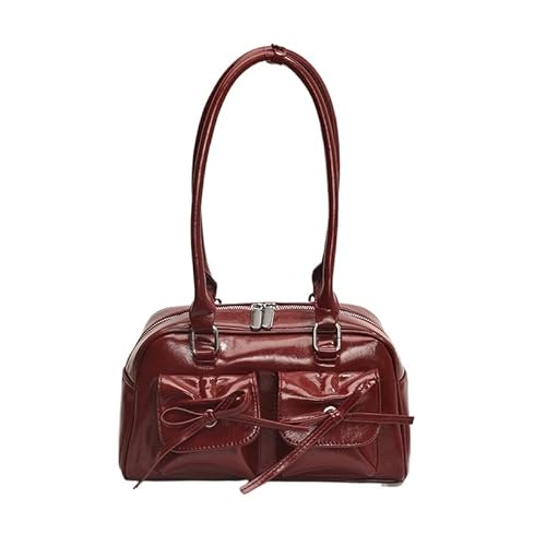 QIXUJAK Handtaschen Damen, Top-Handle Hobo-Taschen, Multi-Taschen Tote Handtasche, Mode Schals Bogen verziert Umhängetasche, Y2K glänzendes PU-Leder, Geschenk für Damen und Mädchen (Burgunderrot) von QIXUJAK