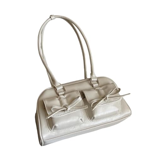 QIXUJAK Handtaschen Damen, Top-Handle Hobo-Taschen, Multi-Taschen Tote Handtasche, Mode Schals Bogen verziert Umhängetasche, Y2K glänzendes PU-Leder, Geschenk für Damen und Mädchen (Cremefarben) von QIXUJAK