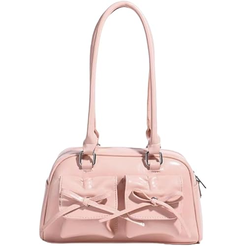 QIXUJAK Handtaschen Damen, Top-Handle Hobo-Taschen, Multi-Taschen Tote Handtasche, Mode Schals Bogen verziert Umhängetasche, Y2K glänzendes PU-Leder, Geschenk für Damen und Mädchen (Rosa) von QIXUJAK