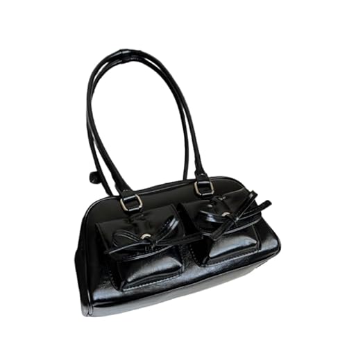 QIXUJAK Handtaschen Damen, Top-Handle Hobo-Taschen, Multi-Taschen Tote Handtasche, Mode Schals Bogen verziert Umhängetasche, Y2K glänzendes PU-Leder, Geschenk für Damen und Mädchen (Schwarz) von QIXUJAK