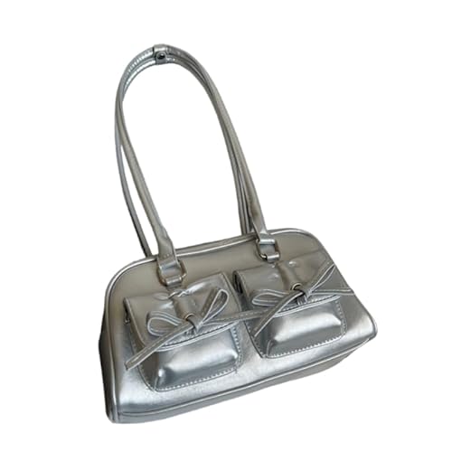 QIXUJAK Handtaschen Damen, Top-Handle Hobo-Taschen, Multi-Taschen Tote Handtasche, Mode Schals Bogen verziert Umhängetasche, Y2K glänzendes PU-Leder, Geschenk für Damen und Mädchen (Silber) von QIXUJAK